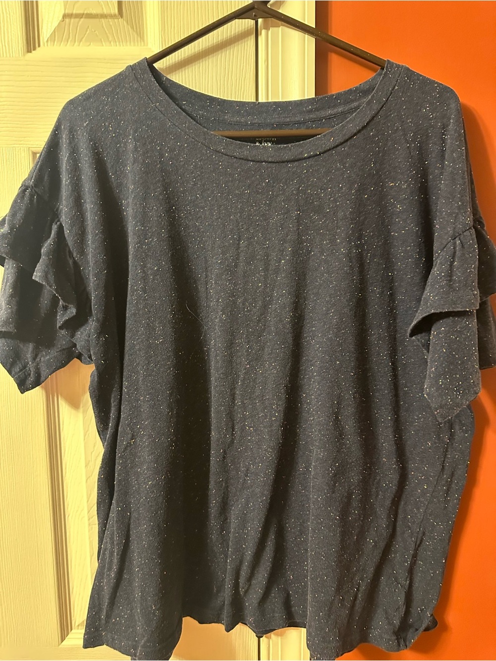 crown & ivy Navy Speckled Ruffle Sleeve Tee